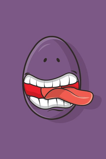 Vector illustration of purple egg character with silly expression and tongue sticking out on purple background