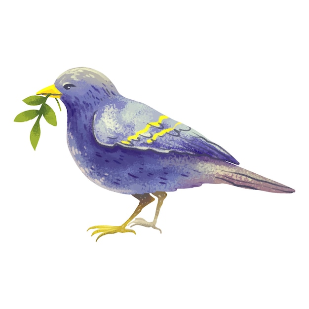 Illustration purple songbird with a green branch inside or just a bird