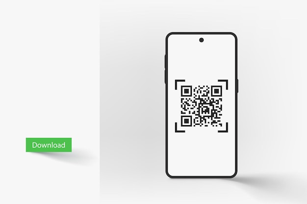 Vector illustration of qr code on smartphone screen front view on bright background with realistic shadow