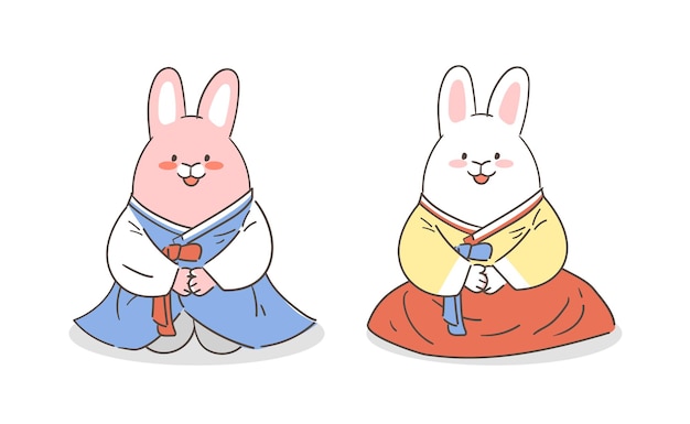 Un'illustrazione di un personaggio di coniglio in hanbok