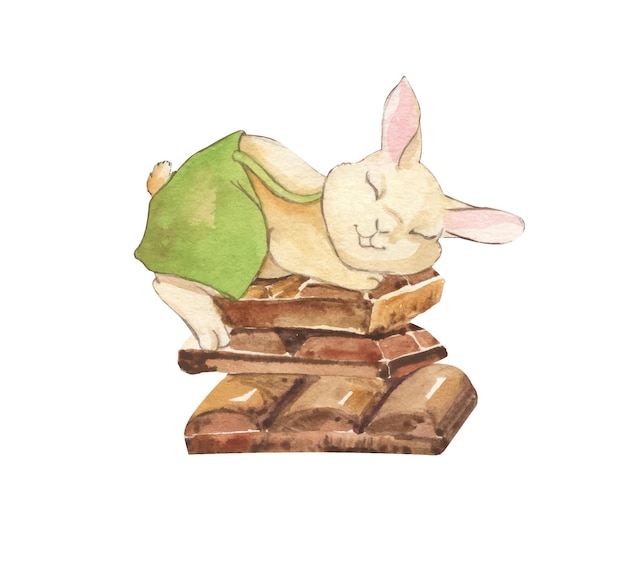 Illustration of a rabbit on a stack of chocolate