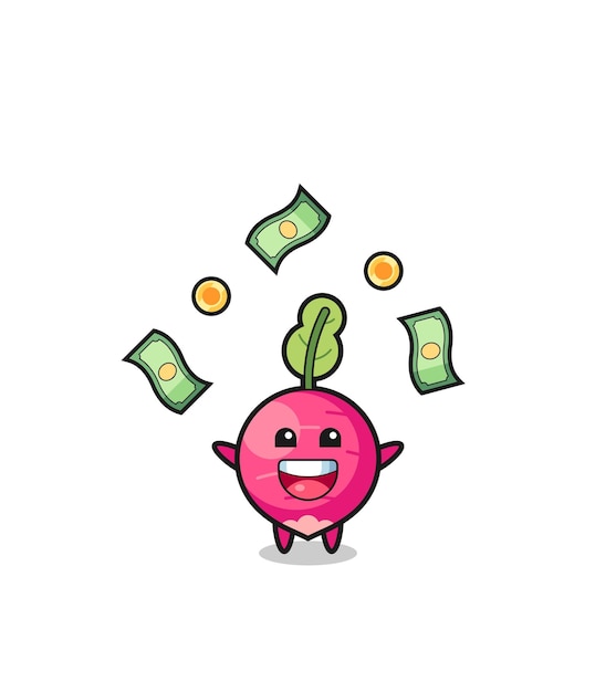 Vector illustration of the radish catching money falling from the sky cute design