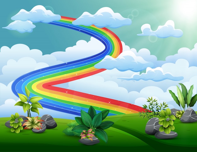 Vector illustration of a rainbow with cloudy sky above the hills