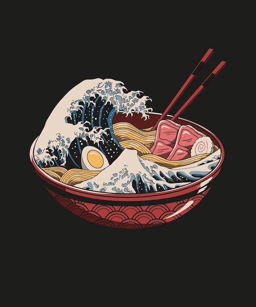 Illustration of a ramen dish with many ingredients