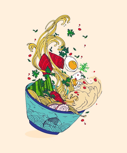 Vector illustration of a ramen dish with many ingredients