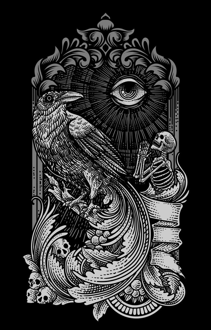Vector illustration raven with skull engraving ornament frame vector eps 10