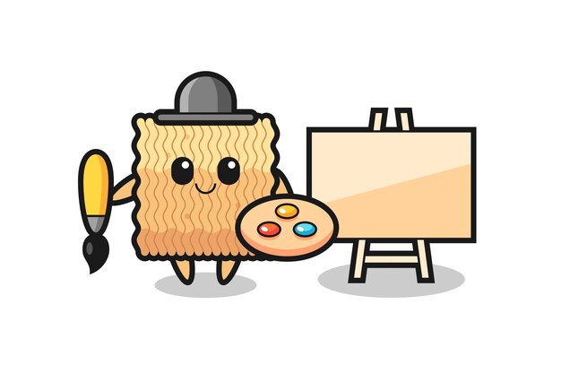 Illustration of raw instant noodle mascot as a painter