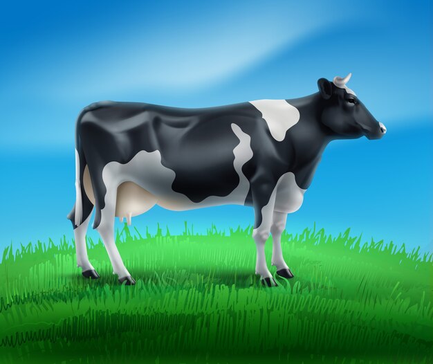 Illustration of realistic black and white spotted cow domestic or farm animal