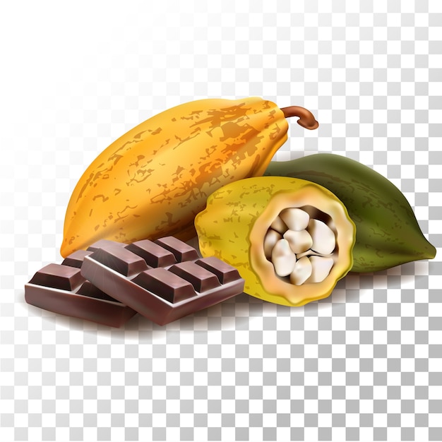 Vettore illustrazione realistica cacao frutta cioccolato