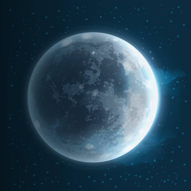 Illustration of realistic full moon in starry sky space background with satellite of earth