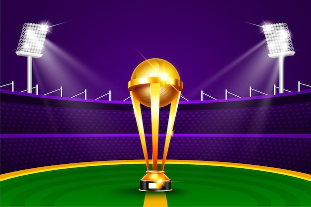 Illustrazione del trofeo realistico della coppa d'oro per il gioco del torneo sportivo di cricket sullo stadio di cricket