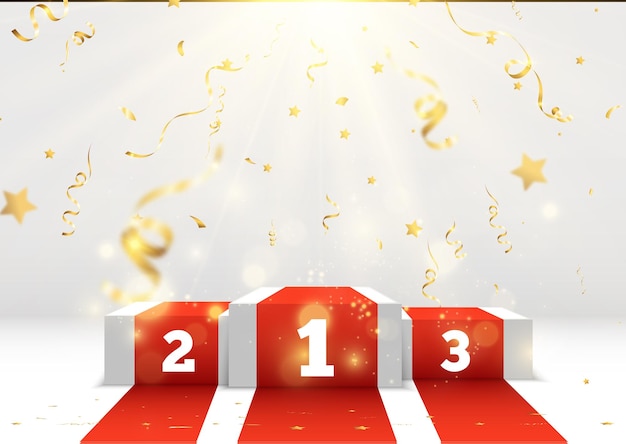 Illustration of a realistic podium with falling golden confetti.