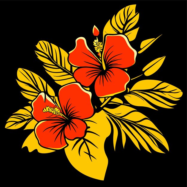Vector illustration of a realistic style branch of a tropical palm tree with hibiscus flowers