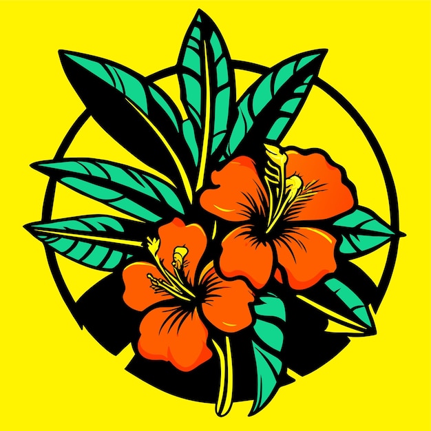 Illustration of a realistic style branch of a tropical palm tree with hibiscus flowers