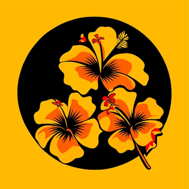Illustration of a realistic style branch of a tropical palm tree with hibiscus flowers