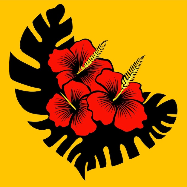 Illustration of a realistic style branch of a tropical palm tree with hibiscus flowers