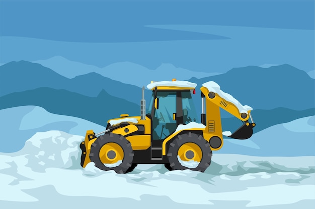 Vector illustration of realistic yellow tractor side view cleaning snow