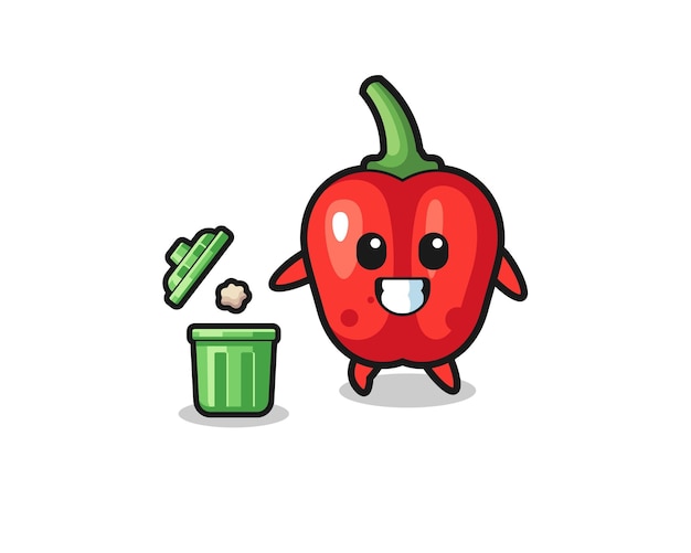 Illustration of the red bell pepper throwing garbage in the trash can