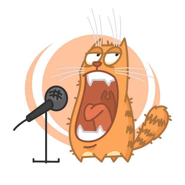 Illustration, red cat yells into microphone, format eps 10