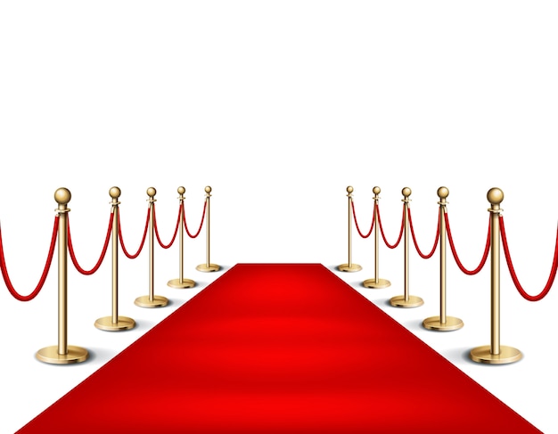 illustration Red event carpet and golden barriers Realistic illustration in white background. Red carpet event design element.