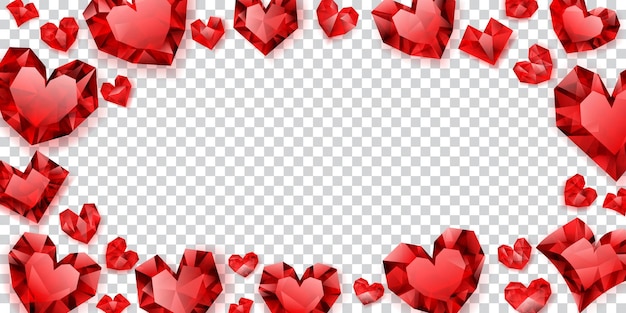 Vector illustration of red hearts made of crystals witn shadows on transparent background