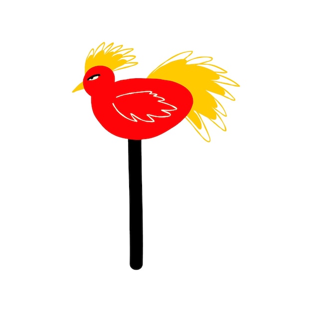 Illustration of a red lollipop in the shape of a cockerel illustration in doodle hand drawn cartoon style