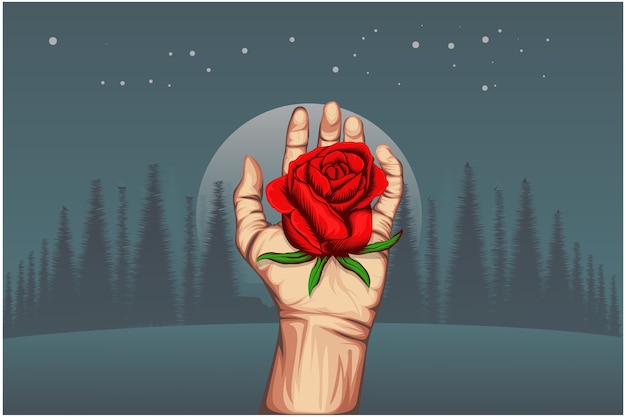 Vector illustration of a red rose under someone at night