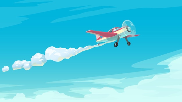 Illustration of red small airplane in the sky with clouds at sunny day