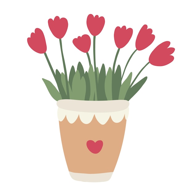 Illustration of red tulips spring flowers in a pot decorated with a heart