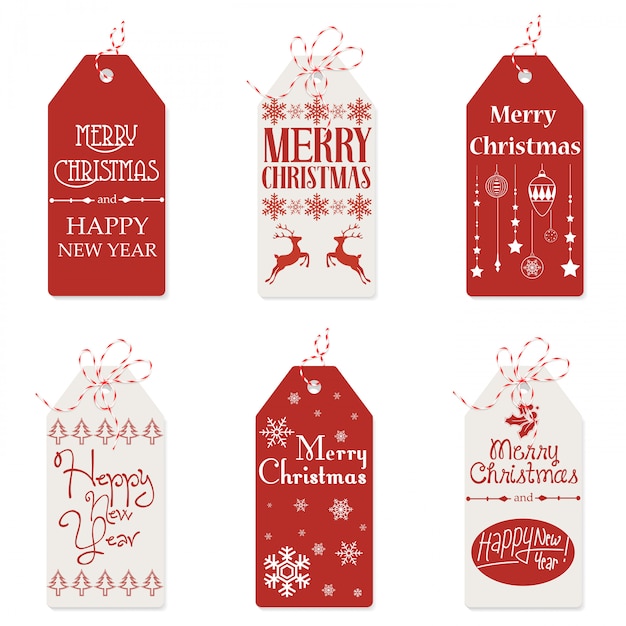 Vector illustration of red and white tags with small drawings and merry christmas words.