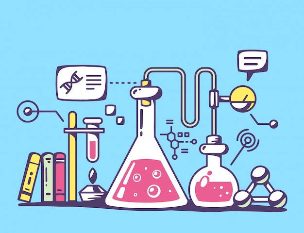 Illustration of red and yellow chemical laboratory flasks on blue background.