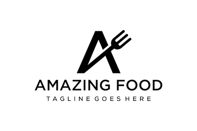 Illustrazione ristorante con le iniziali a con forchetta tagliata dritta al centro del logo design