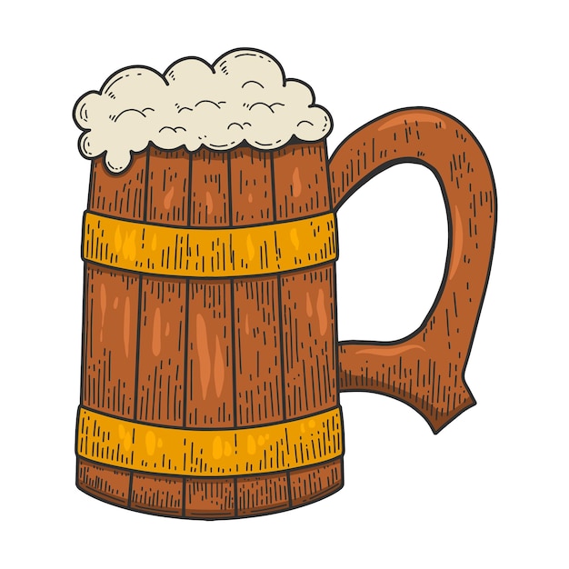 Illustrazione di una tazza di birra in legno retrò in stile incisione elemento di design per il segno dell'emblema dell'etichetta del logo illustrazione vettoriale