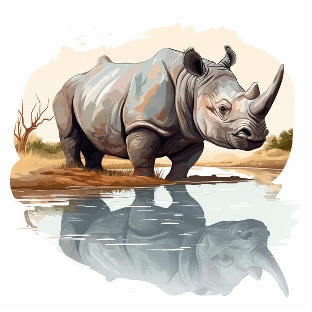 Vector an illustration of a rhino drinking water on a pond