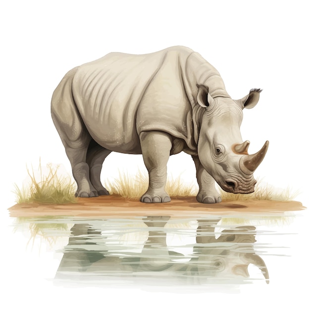 Vector an illustration of a rhino drinking water on a pond