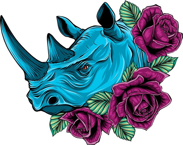 illustration of rhinoceros head with roses