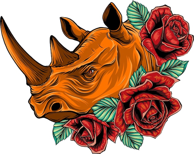 illustration of rhinoceros head with roses