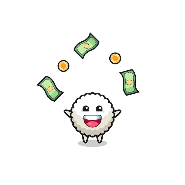 Illustration of the rice ball catching money falling from the sky  cute design