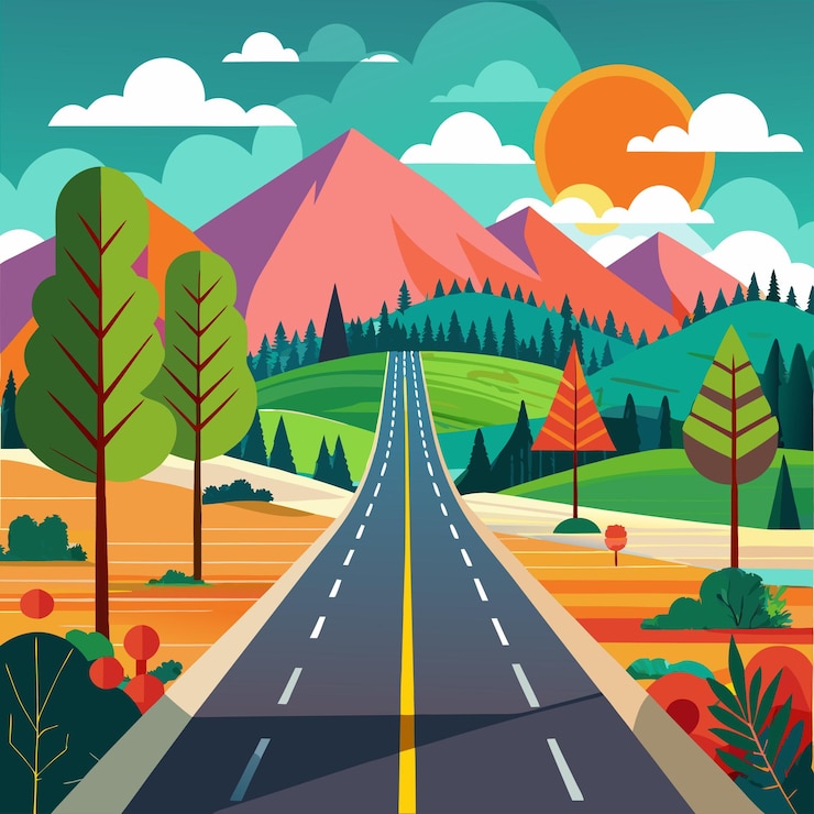Vector a illustration of a road with a picture of a road and trees