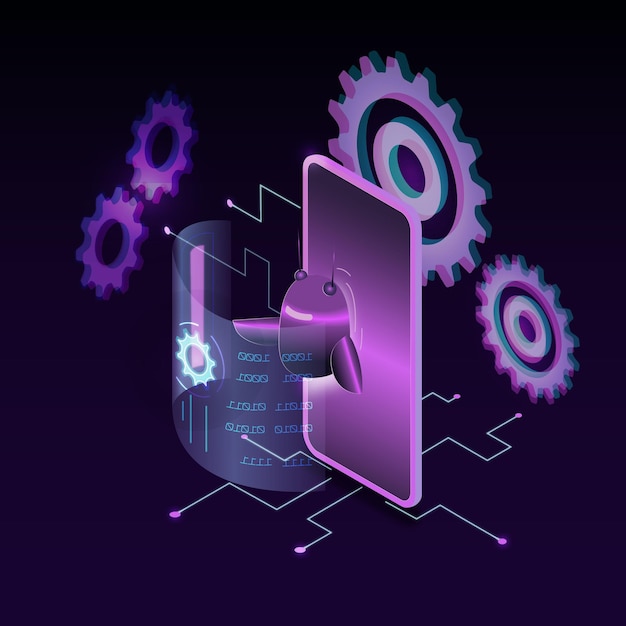 illustration of a robot in smartphone in isometry