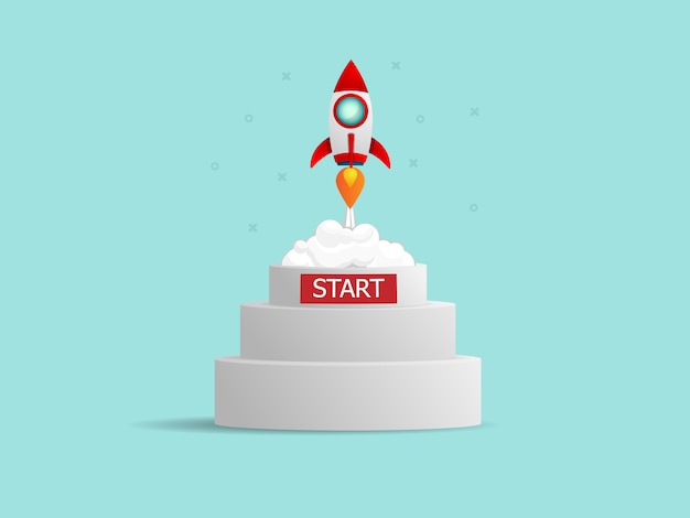 Illustrazione del lancio startup del razzo dal concetto di partenza di affari del podio
