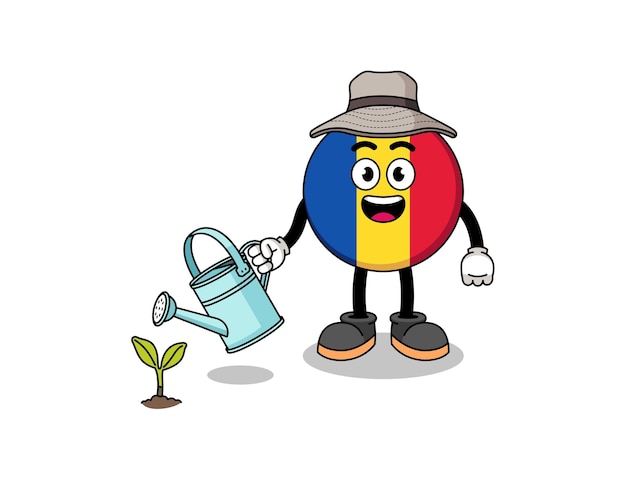 Illustration of romania flag cartoon watering the plant character design