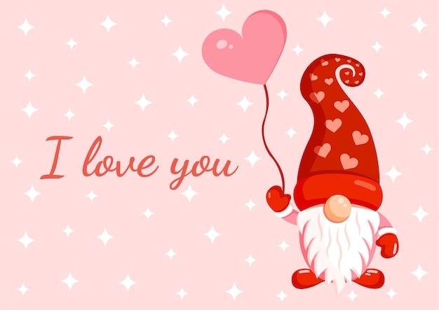 Vector illustration of a romantic gnome with an inflatable ball for banner postcard valentines day