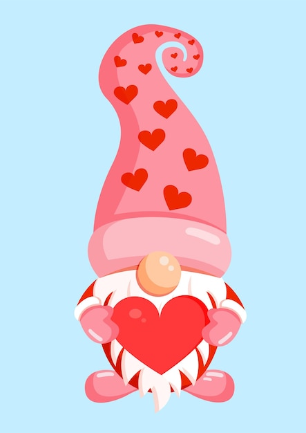 Vector illustration of a romantic gnome with a red heart in his hands nordic cute elf for valentines day