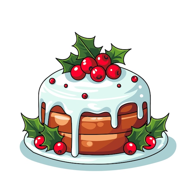 A illustration of a round Christmas cake adorned with holly leaves and red berries