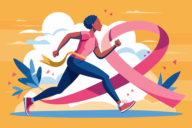 illustration runner breaking through a finish line shaped like the World Cancer Day ribbon