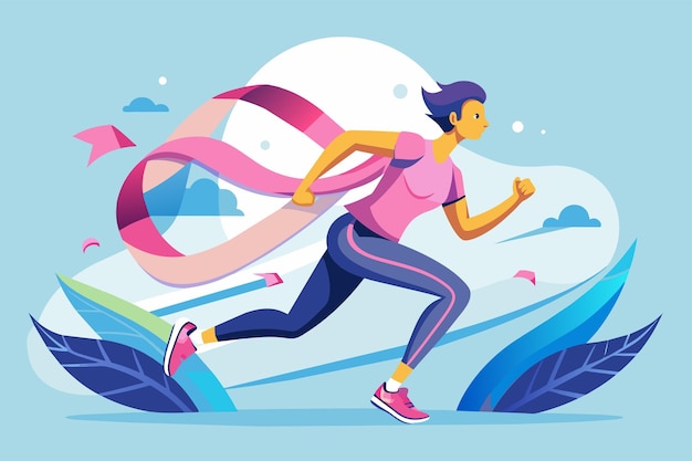 Vector illustration runner breaking through a finish line shaped like the world cancer day ribbon