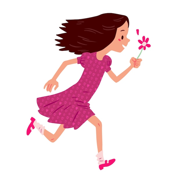 Illustration of running girl with flower in hand