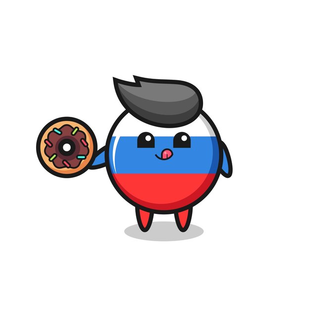 Illustration of an russia flag badge character eating a doughnut