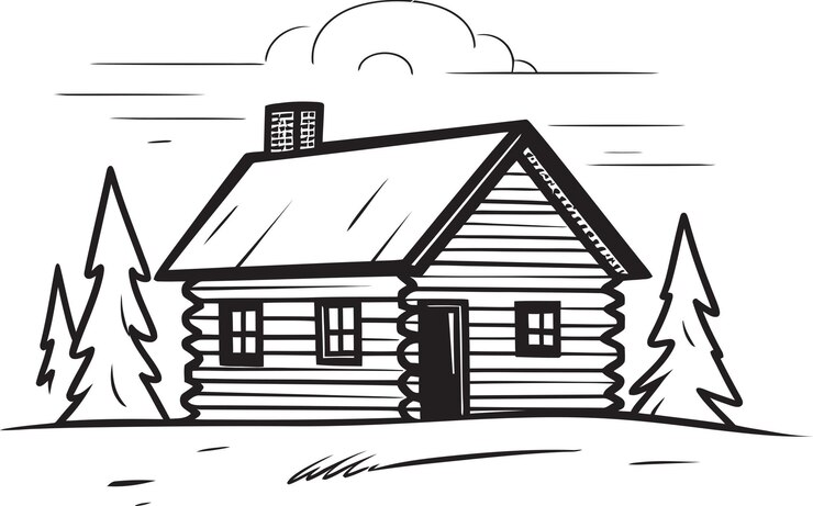 Vector illustration of a rustic log cabin with a large stone foundation and inviting front porch